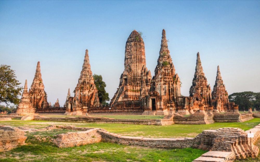 Wat Chaiwatthanaram prangs silhouetted at sunset