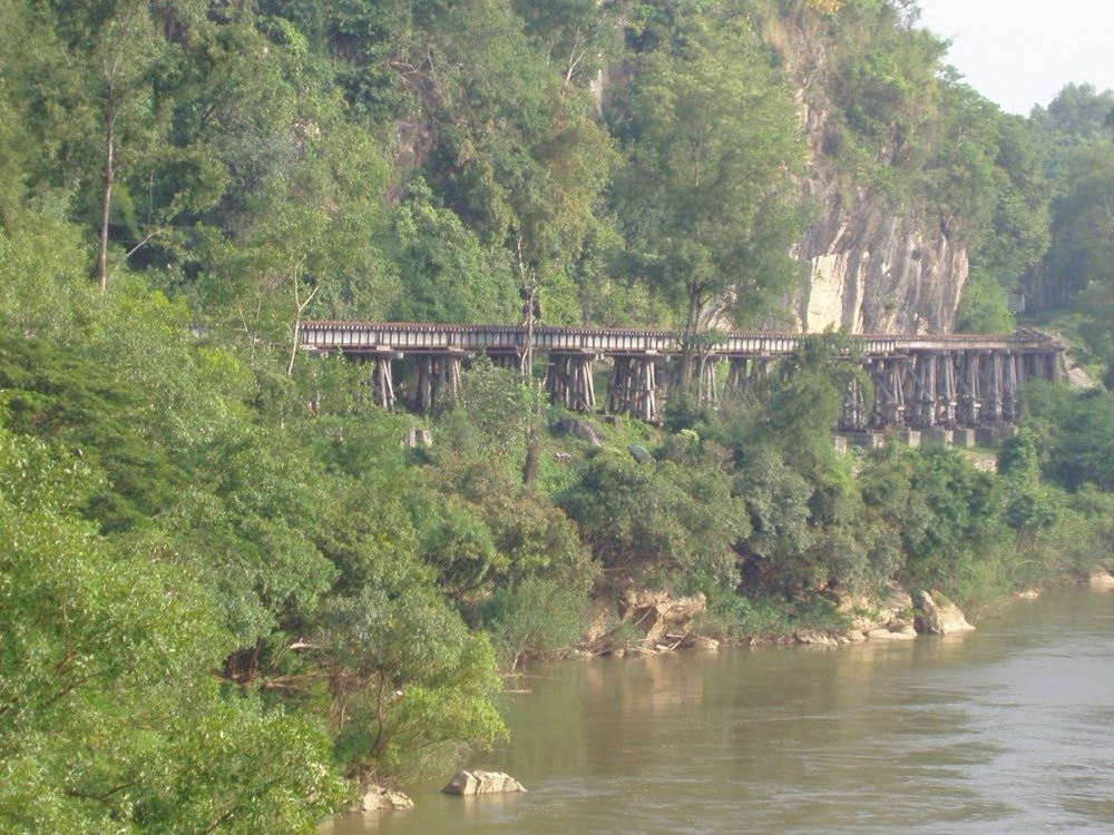 Death Railway wooden viaduct hugging the cliff at Tham Krasae